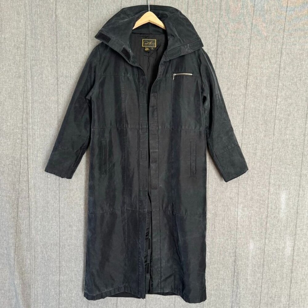 Diane Gilman Collection Black 100% Silk Funnel Neck Minimalist Boxy Long Jacket